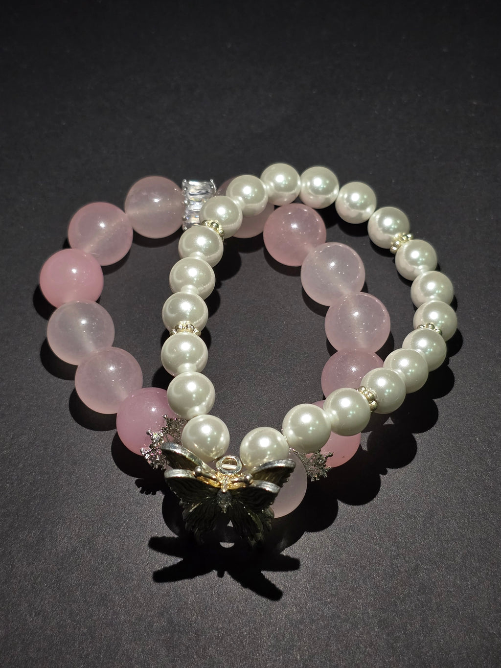 Pink crystal and pearl double-ring bracelet